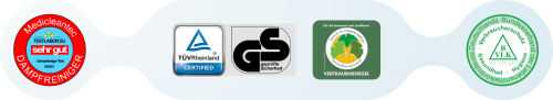 Zahlreiche Zertifikate für Thermostar und Medicleantec: Testlabor, TÜV, GS, ZPMed-Vertrauenssiegel, Verband der Lebensmittelinspektoren